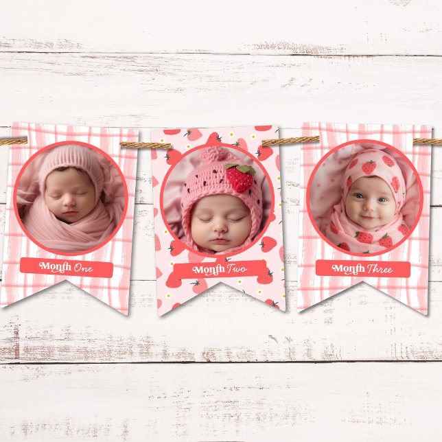 Bannière À Fanions Photo personnalisée Berry 1er Anniversaire rose 12 (Custom Cute Berry First 1st Birthday Pink 12 Photo Bunting Flags)