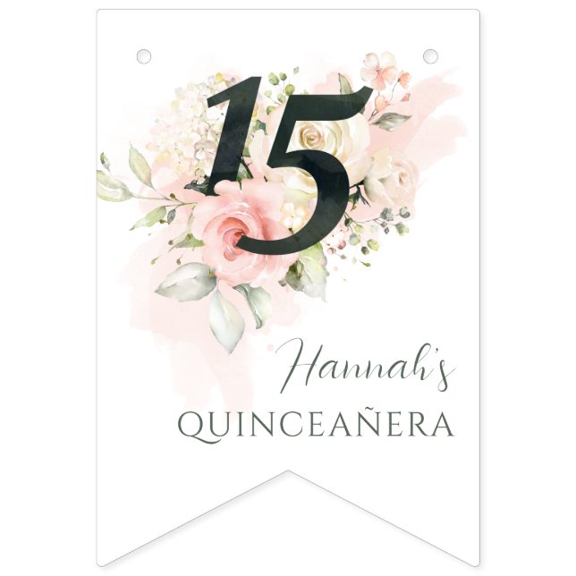 Bannière À Fanions Quinceanera florale rose 15ème anniversaire (Premier drapeau)