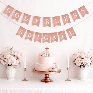 Bannière À Fanions Rose Dieu Bénisse Fille 7 Lettres Baptême Or Rose