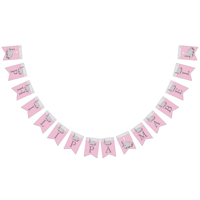 Bannière À Fanions Rose, gris blanc 🐘 éléphant bébé - Christening (Tout)