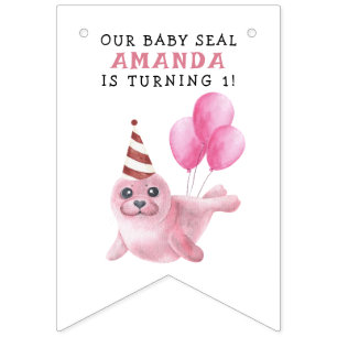 Bannière À Fanions Sceau rose 1er anniversaire sous la mer