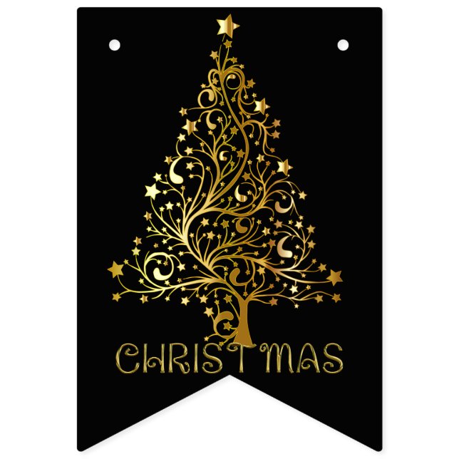 Bannière À Fanions Soirée Joyeux Noël Noir Or Elégant (Premier drapeau)