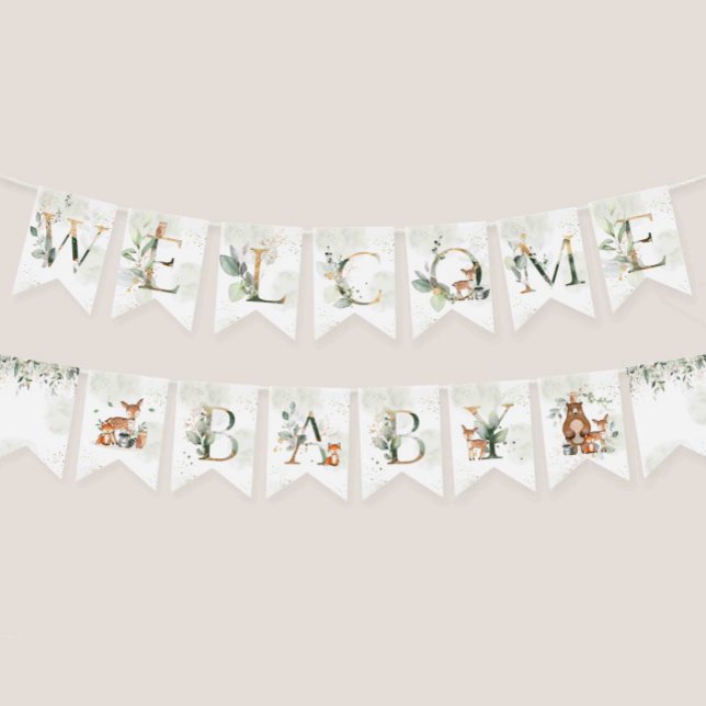 Bannière À Fanions Verdure Bois Animaux Baby showers Décorations (Greenery woodland baby shower Welcome baby bunting flag)
