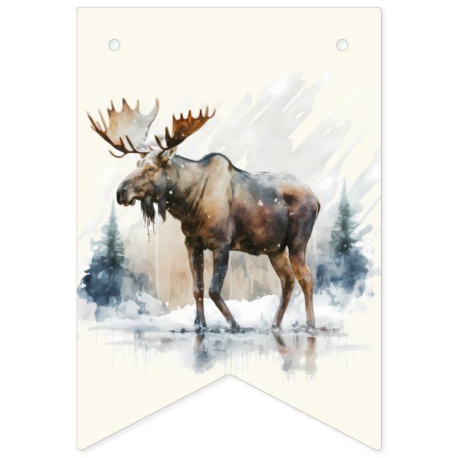 Bannière À Fanions Vibes d'hiver Aquarelle Moose - Anniversaire (Septième drapeau)