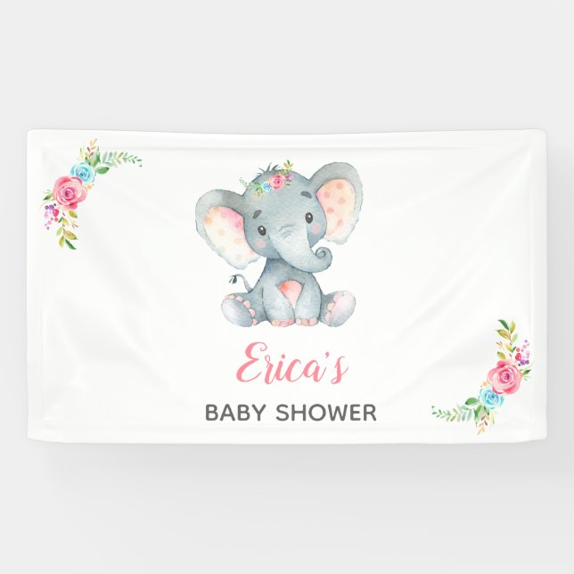 Bannière arrière-plan Baby shower floral éléphant  (Horizontal)