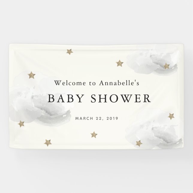 Bannière Baby shower Gold Stars & Grey Clouds (Horizontal)