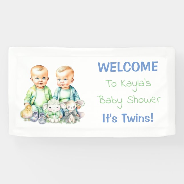 Bannière baby shower pour jumeaux bleu et vert (Horizontal)