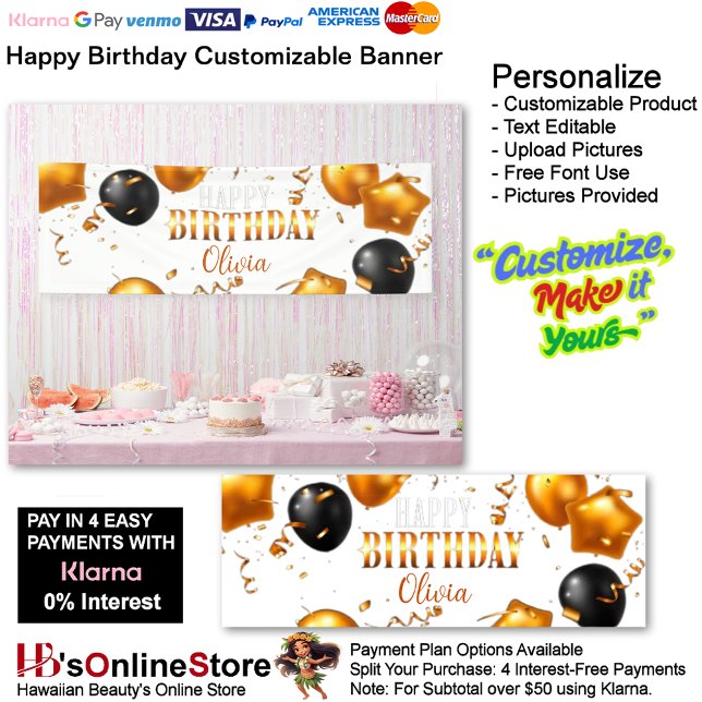 Bannière d'anniversaire 3 personnalisable (Happy Birthday Gold Black Party Supplies Celebrate Decoration Presents 3.)