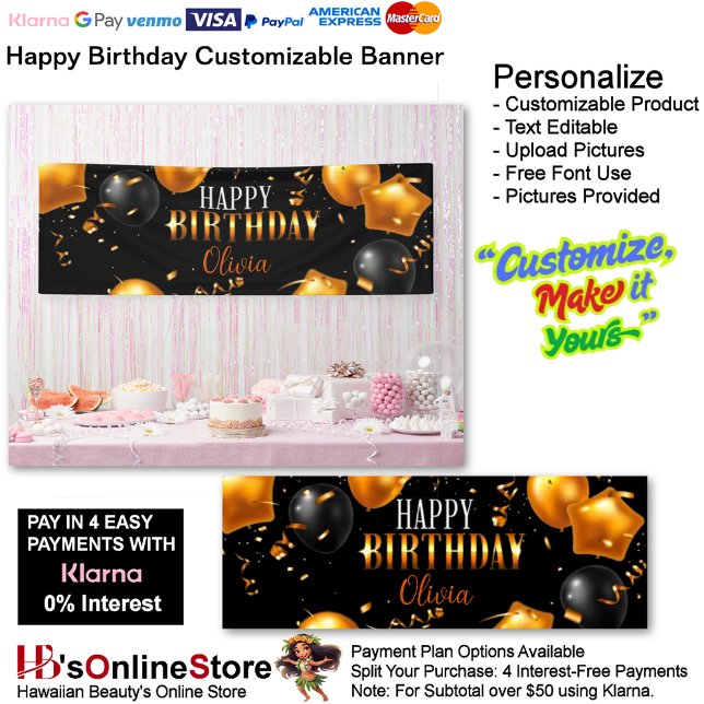 Bannière d'anniversaire 4 personnalisable (Happy Birthday Gold Black Party Supplies Celebrate Decoration Presents 4.)