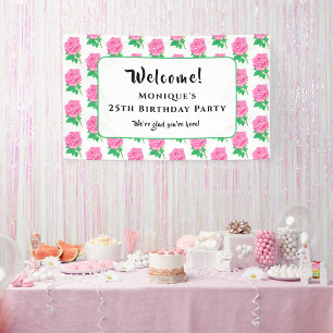 Bannière d'anniversaire aux roses roses