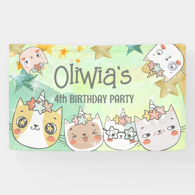 Bannière d'anniversaire de caticorn magique (Horizontal)