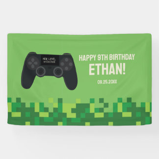 Bannière d'anniversaire de joueur pixelisé vert