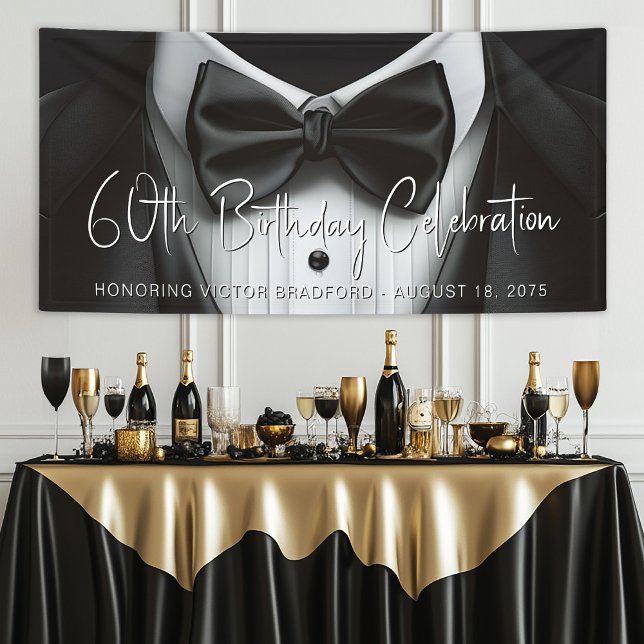 Bannière d'anniversaire de smoking pour hommes (Mens tuxedo birthday party and any event banner. Add your details for your event.)