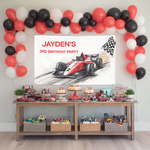 Bannière d'anniversaire de voiture de course rouge