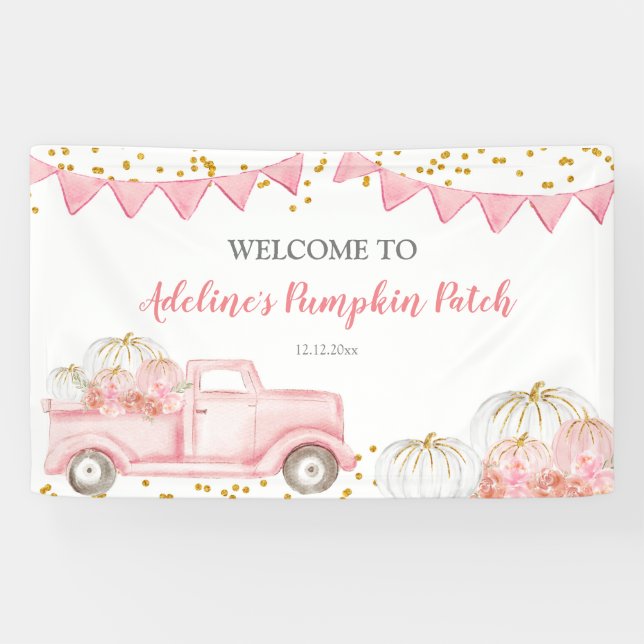Bannière d'anniversaire du camion Citrouille Pink  (Horizontal)