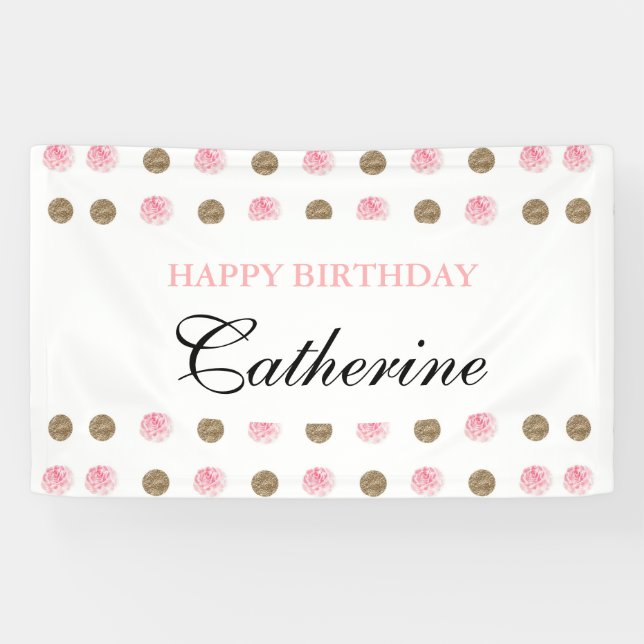 Bannière d'anniversaire Gold & Pink Polka-Dot (Horizontal)