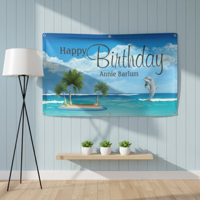 Bannière d'anniversaire joyeuse pour dauphin de l' ("Dolphin Dream" Tropical Island Birthday Banner)