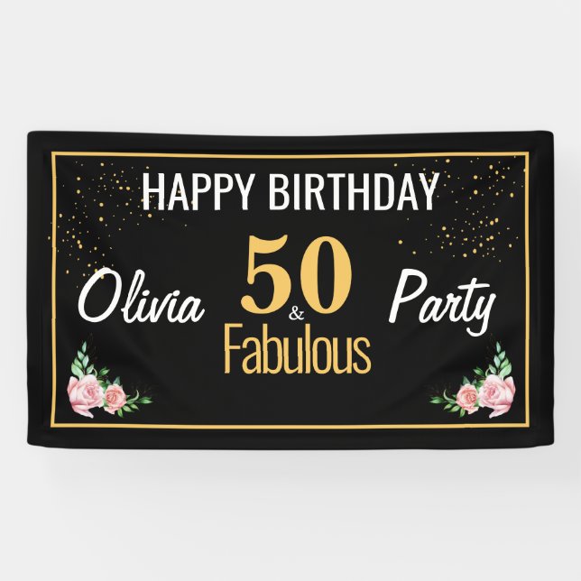 Bannière de 50e anniversaire Black Gold avec fleur (Horizontal)