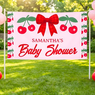 Bannière de Baby Shower Cerise avec un Nœud Gingha