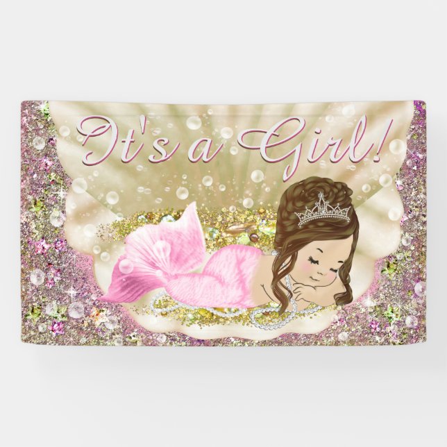 Bannière de Baby shower de sirène rose Brunette or (Horizontal)