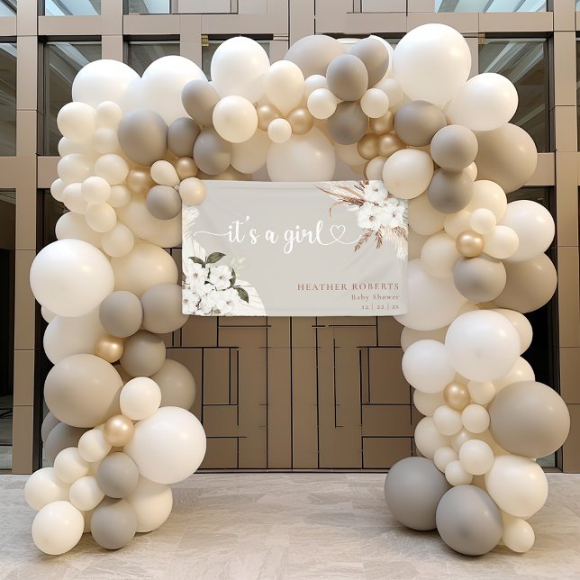 Bannière de Baby Shower Fille Bohème Fleurs Neutre (It's A Girl Heart Script Banner)