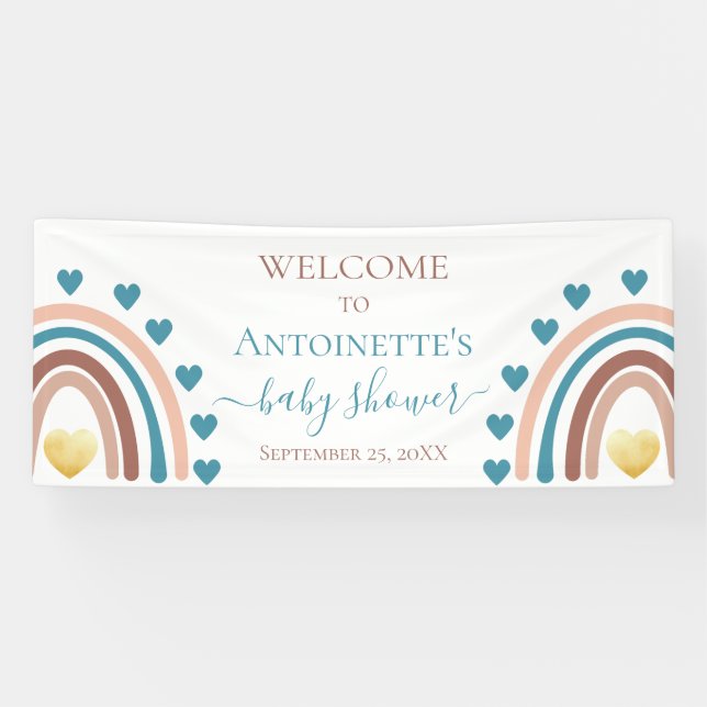 Bannière de Baby shower personnalisé Blue Boho Rai (Horizontal)