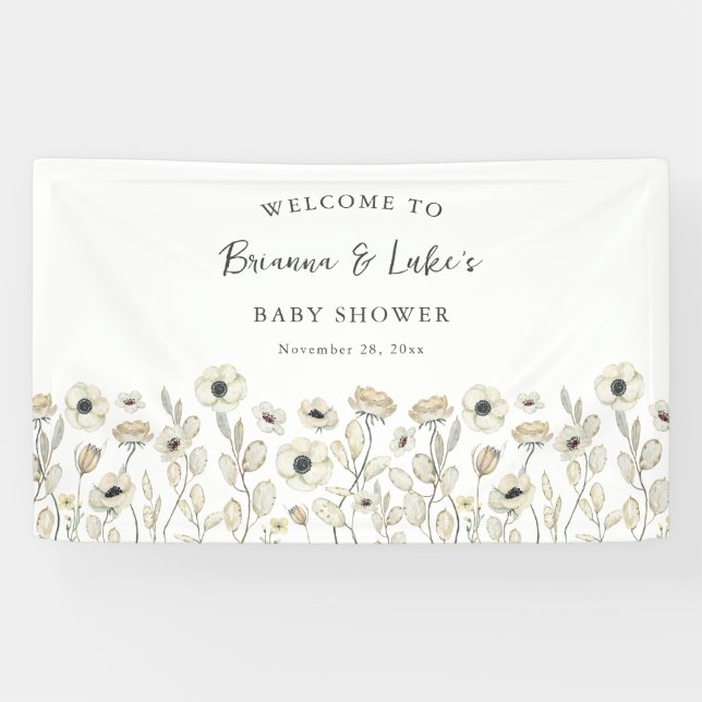 Bannière de bienvenue pour baby shower fleurs blan (Horizontal)