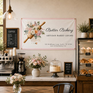 Bannière de boulangerie à rouleau floral rose