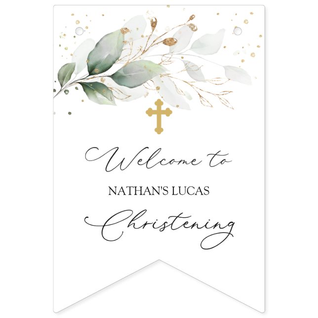 Bannière de bouquet Green Gold Foliage Christening (Premier drapeau)