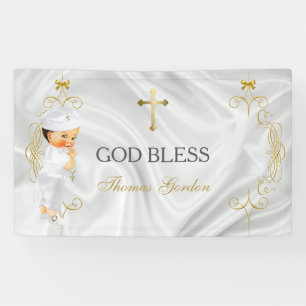 Bannière de croix dorée pour le baptême d'un garço