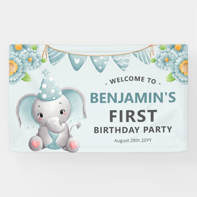 Bannière de fête d'anniversaire du garçon Eléphant (Horizontal)