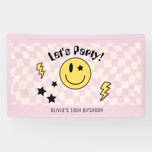 Bannière de fête d'anniversaire rose Y2K Preppy (Horizontal)