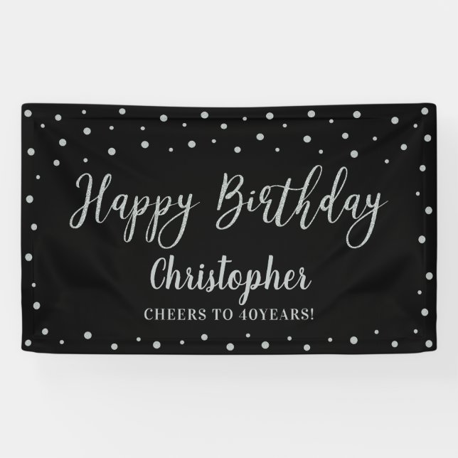 Bannière de fête d'anniversaire Silver & Black (Horizontal)