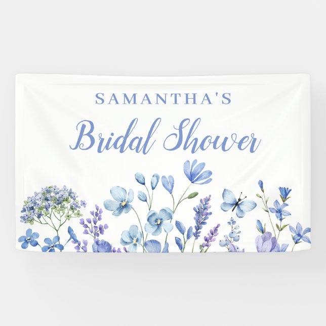 Bannière de Fête de Mariage Florale Bleue (Horizontal)