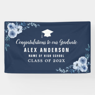 bannière de graduation de texte blanc floral bleu