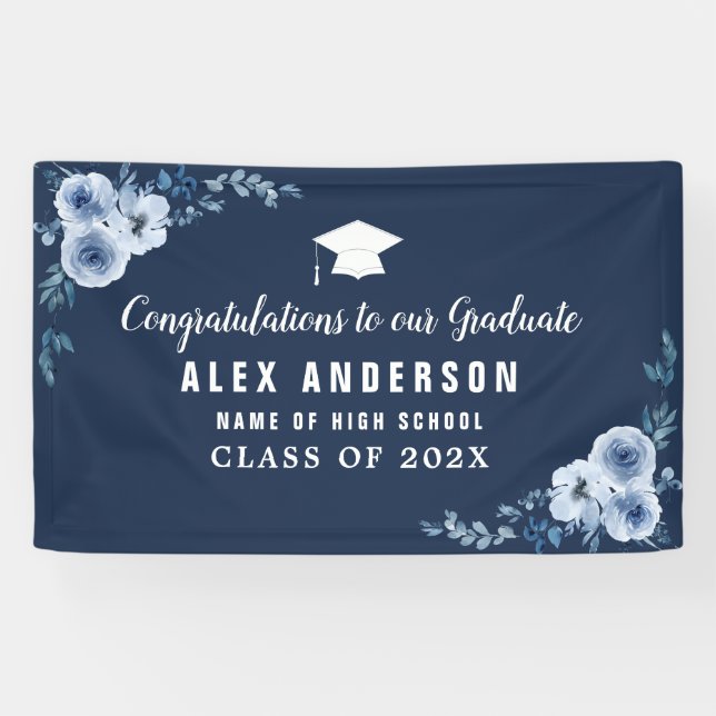 bannière de graduation de texte blanc floral bleu (Horizontal)