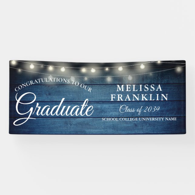 Bannière de graduation en bois rustique bleu (Horizontal)