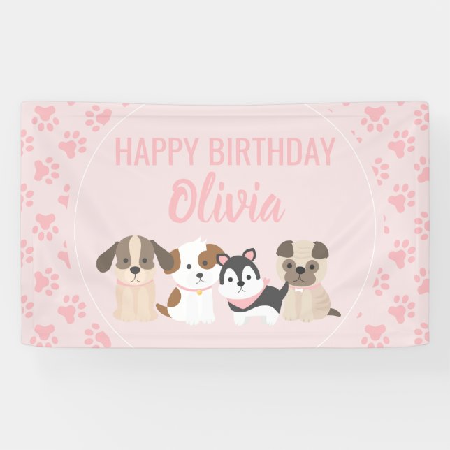 Bannière de la fête d'anniversaire Pink Puppy (Horizontal)