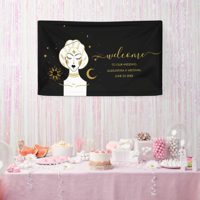 Bannière de Mariage solaire céleste en or noir mys (Fête)