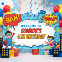 Bannière de nom de fête d'anniversaire de super-hé