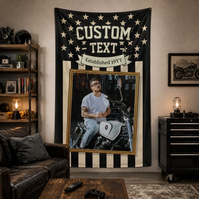 Bannière de photo personnalisée avec drapeau améri (USA Flag Custom Photo Banner, Black Flag Patriotic Banner)