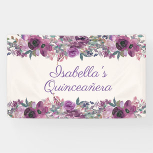 Bannière de Quinceañera florale à aquarelle violet