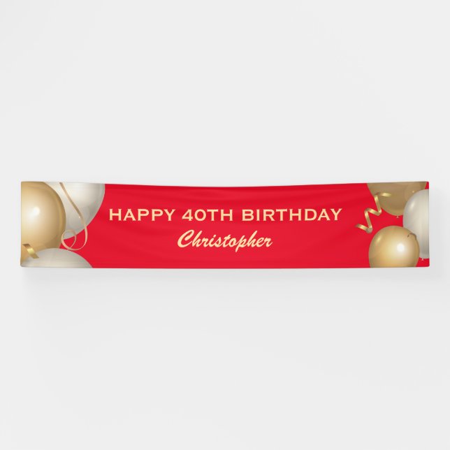 Bannière des 40e Anniversaires Rouge et or Ballons (Horizontal)