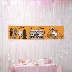 Bannière d'Halloween rétro - Décor crânes et fantô