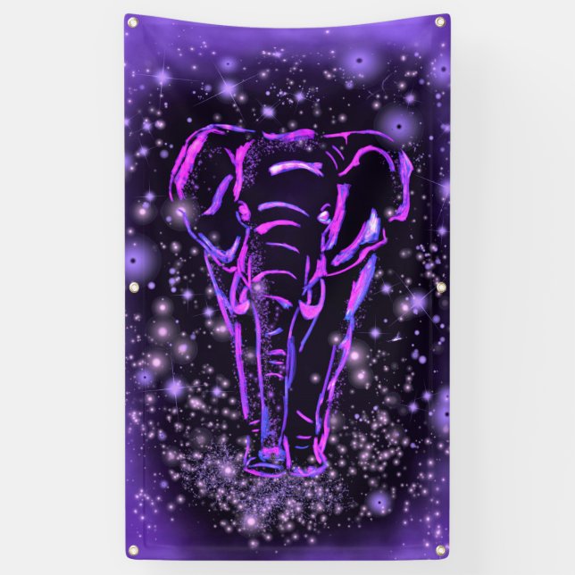 Bannière Eléphante Marchant À Purple Starry Nuit (Vertical)