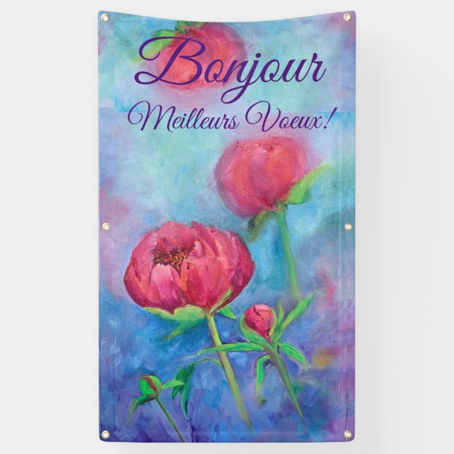 Bannière extérieure "Bonjour" de l'Alaska Peonies (Vertical)