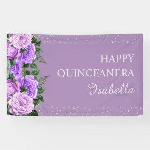 Bannière Joyeux Quinceañera Fleurs Violettes Paill