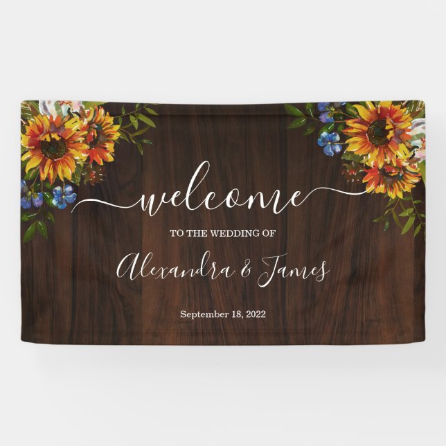 Bannière Mariage campagnard de tournesol en bois r (Horizontal)