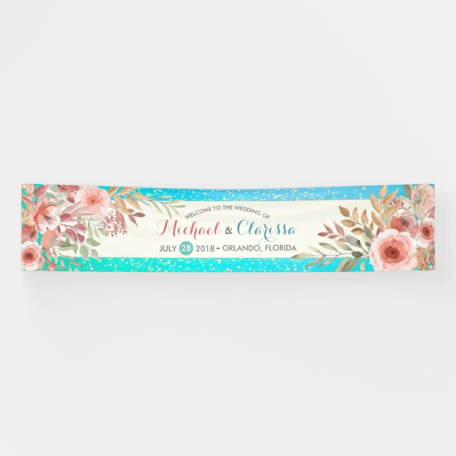 Bannière mariage Elégant rose Floral Turquoise Poi (Horizontal)