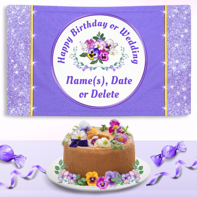 Bannière personnalisée de joyeux anniversaire flor (Pansy Birthday, Banner. Pansies Wedding or any Pansy Birthday Decorations. Purple Birthday Banner.)
